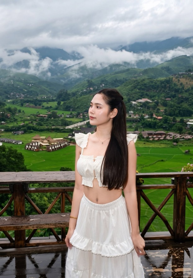 ลุคชุดขาวกับวิวทุ่งนาต่างจังหวัด